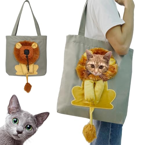 Schultertasche in Löwen-Form, aus Segeltuch, tragbar, für Kätzchen und Welpen, groß, atmungsaktiv, für Kleintierbedarf, Outdoor-Reisen (L-Grau (44 x 40 cm) von Generisch