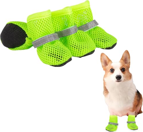 Sommer Mesh Hunde Schuhe, Atmungsaktive Netzschuhe für Hunde, Verstellbarem Hundestiefel fürkleine Outdoor-Schutz, Anti-Schmutz, Verbrühungsschutz, Wanderschuhe, 4 Stück (Grün, L) von Generisch
