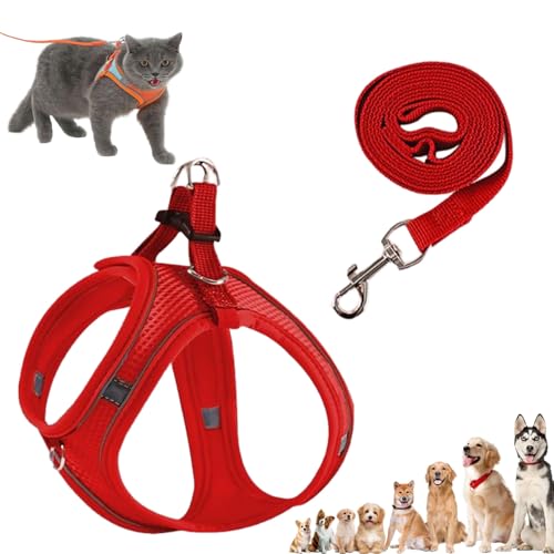 Stimuli Cat Harness Design for Outdoor Cats, Escape Proof Lightweight Adjustable Soft Mesh Vest with Reflective Safety Strips, Breathable No Pull for Kittens to Adult Cats (Red B,S (for 4.5-6.5kg)) von Generisch