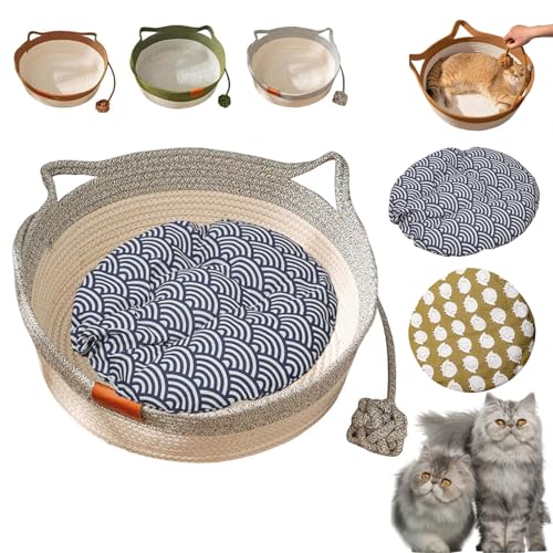 Stimulicat Cat Bed, Handwoven Cotton Rope Cat Basket with Built-in Teasing Ball, Scratchable & Breathable Round Sleeping Nest, Easy-to-Clean Pet Nest for Small Large Cats Dog (Gray+Pad A,Large) von Generisch
