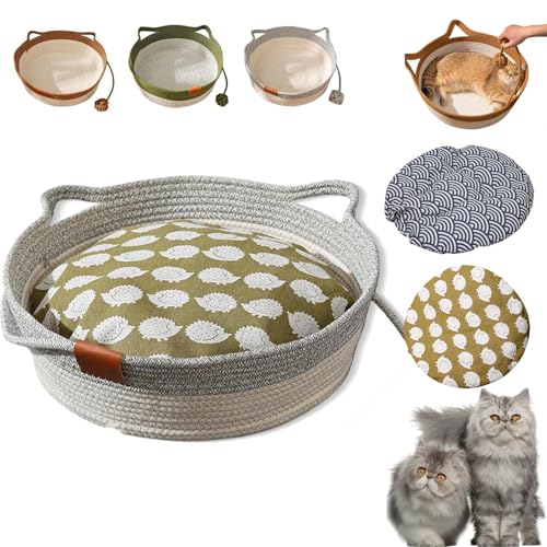 Stimulicat Cat Bed, Handwoven Cotton Rope Cat Basket with Built-in Teasing Ball, Scratchable & Breathable Round Sleeping Nest, Easy-to-Clean Pet Nest for Small Large Cats Dog (Gray+Pad B,Large) von Generisch