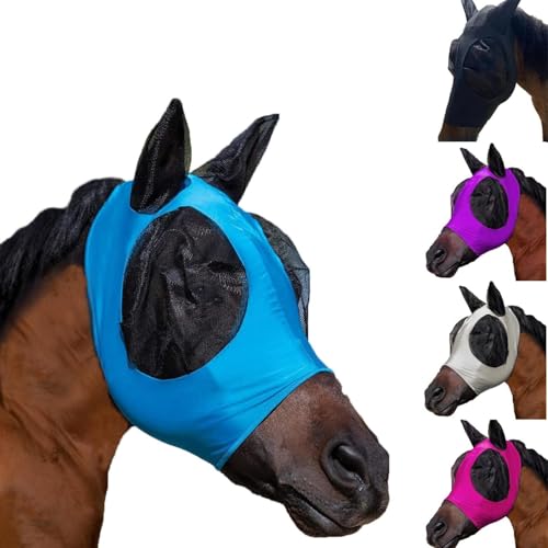 Super Comfort dehnbare Pferdefliegenmaske mit großem Augenraum, UV-Schutz, atmungsaktives Design, weich zur Haut, vollständige Abdeckung mit Ohren (Blau, Einheitsgröße) von Generisch