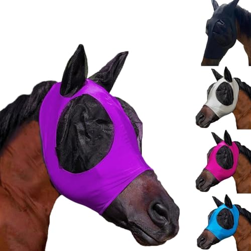 Super Comfort dehnbare Pferdefliegenmaske mit großem Augenraum, UV-Schutz, atmungsaktives Design, weich zur Haut, vollständige Abdeckung mit Ohren (Pueple, Einheitsgröße) von Generisch