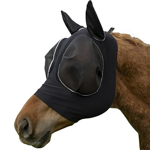 Super Comfort dehnbare Pferdefliegenmaske mit großem Augenraum, UV-Schutz, atmungsaktives Design, weich zur Haut, vollständige Abdeckung mit Ohren (Schwarz, Einheitsgröße) von Generisch