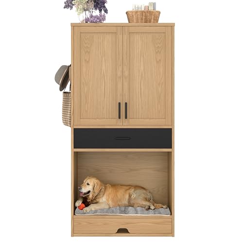 Tierschrank aus Eichenholz, Höhe 160 cm - Futterstation mit Napf, Hundebett, Stauraum und Haken - Tiermöbel und Küchenschränke für Flur, Küche oder Wohnzimmer, Futterstation von Generisch