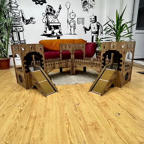 Towers Kaninchenburg aus Holz – 3 verbundene Türme mit Brücken & Treppen, 2 Etagen – Spiel‑ und Versteckhaus für Kaninchen & Kleintiere – 3 mm MDF, zerlegbar, 55 cm hoch (Eiche-Schwarz, N) von Generisch