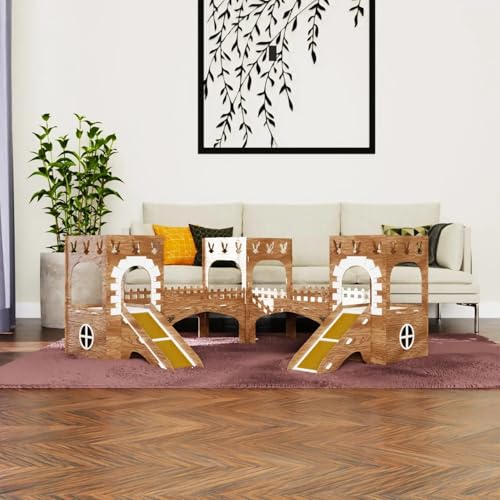 Towers Kaninchenburg aus Holz – 3 verbundene Türme mit Brücken & Treppen, 2 Etagen – Spiel‑ und Versteckhaus für Kaninchen & Kleintiere – 3 mm MDF, zerlegbar, 55 cm hoch (Eiche-weiß, N) von Generisch