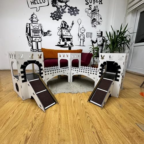 Towers Kaninchenburg aus Holz – 3 verbundene Türme mit Brücken & Treppen, 2 Etagen – Spiel‑ und Versteckhaus für Kaninchen & Kleintiere – 3 mm MDF, zerlegbar, 55 cm hoch (weiß-Schwarz, N) von Generisch