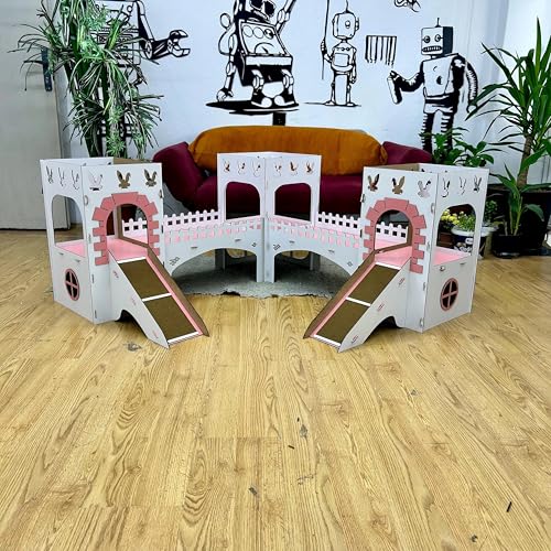 Towers Kaninchenburg aus Holz – 3 verbundene Türme mit Brücken & Treppen, 2 Etagen – Spiel‑ und Versteckhaus für Kaninchen & Kleintiere – 3 mm MDF, zerlegbar, 55 cm hoch (weiß-rosa, N) von Generisch