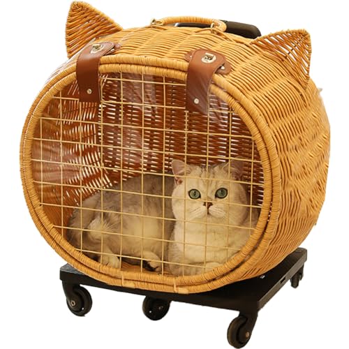 Tragbare Bambus-gewebte Haustier-Tragetasche mit Rollen, handgefertigter Rattan-Webereiwagen für Outdoor-Reisen mit Katzen und kleinen Hunden Tragbare Bambus-gewebte Haustier-Tragetasche mit Rollen, handgefertigter Rattan-Webereiwagen für Outdoor-Reisen mit Katzen und kleinen Hunden von Generisch