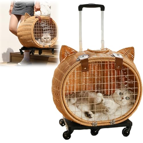 Tragbarer Bambus-gewebter Haustierwagen mit Rollen, handgefertigter Rattan-Webträger für Outdoor-Reisen mit Katzen und kleinen Hunden von Generisch
