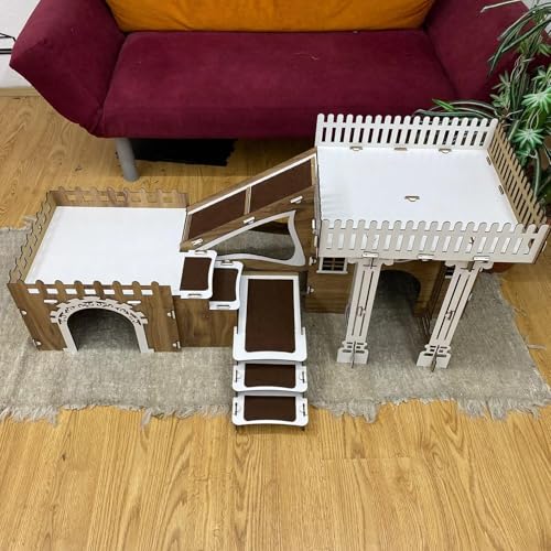 Triplex Kaninchenhaus mit Terrasse – 3-stöckiges Holzhaus mit Brücken & Rampen für bis zu 4 Kaninchen – Inkl. Kissen – Großes Spielhaus für Innenbereich (Eiche-Weiß, N) von Generisch