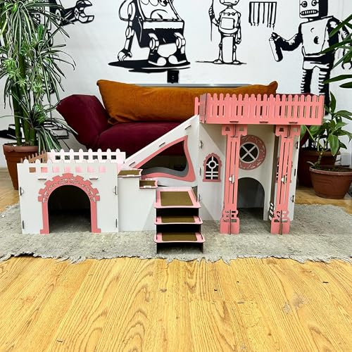 Triplex Kaninchenhaus mit Terrasse – 3-stöckiges Holzhaus mit Brücken & Rampen für bis zu 4 Kaninchen – Inkl. Kissen – Großes Spielhaus für Innenbereich (Weiß-Rosa, N) von Generisch