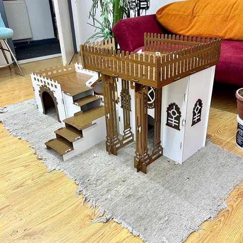 Triplex Kaninchenhaus mit Terrasse – 3-stöckiges Holzhaus mit Brücken & Rampen für bis zu 4 Kaninchen – Inkl. Kissen – Großes Spielhaus für Innenbereich (Weiß-Walnuss, N) von Generisch