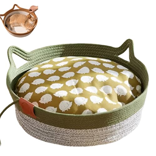 Virelapets Katzenkorb aus gewebtem Seil, handgewebtes Katzenbett mit integrierter Kratzmatte und Spielball, 33 cm / 40 cm / 45 cm Katzenspielzeugkorb, geeignet für alle Katzen (Green + Mat, 13in) von Generisch