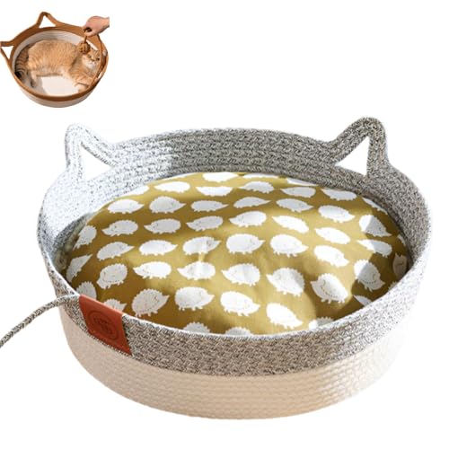 Virelapets Katzenkorb aus gewebtem Seil, handgewebtes Katzenbett mit integrierter Kratzmatte und Spielball, 33 cm / 40 cm / 45 cm Katzenspielzeugkorb, geeignet für alle Katzen (Grey+ Mat, 13in) von Generisch