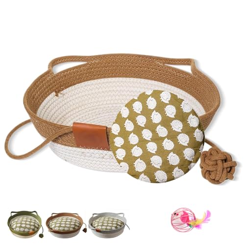 Virelapets Woven Rope Cat Basket,Handgewebtes Katzenbett mit integrierter Kratzmatte und Spielball, 33 cm, 40 cm und 45 cm. Geeignet für alle Katzen. (Khaki+Mat,L) von Generisch