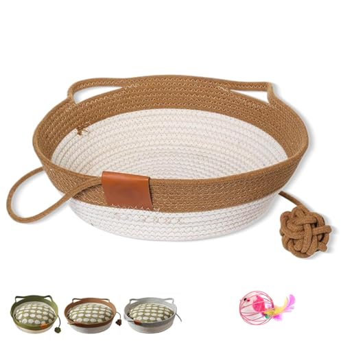 Virelapets Woven Rope Cat Basket,Handgewebtes Katzenbett mit integrierter Kratzmatte und Spielball, 33 cm, 40 cm und 45 cm. Geeignet für alle Katzen. (Khaki,M) von Generisch