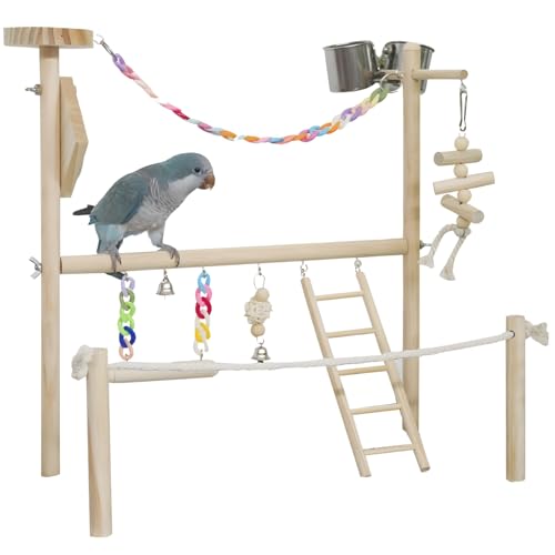 Vogel-Aktivitätszentrum aus Holz mit Spielständer, Papageien-Spielplatz mit Leiter, Schaukel, Glocken und Futterbechern von Generisch