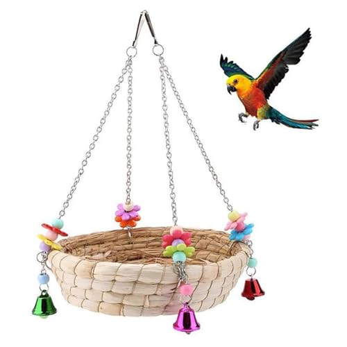 Vogel- und Papageienspielzeug, Papageien-Bettschaukel aus natürlichem, handgewebtem Stroh mit 4 Metallglocken Geeignet für Vögel von Generisch