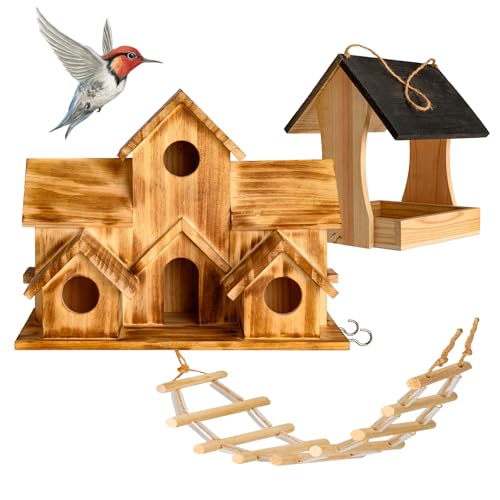 Vogelhaus-Box von growpile grosses Vogelhaus mit 5 Nistplätzen und Kleiner Leiter und einem Vogelfutterhaus für Streufutter aus Natur-Holz für Gartenvögel, wetterfest, naturbelassen von Generisch