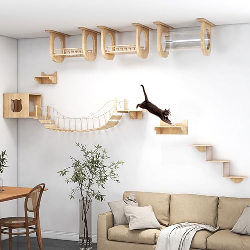 Wandmontierte Katzenmöbel - Mehrstufiger Kletterer mit Haus, Tunnel, Brücke, Stufen und Regalen für Indoor-Katzen, platzsparende Katzenwand von Generisch