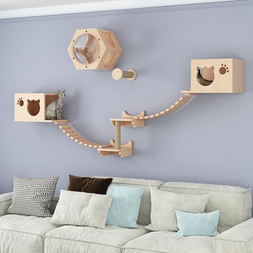 Wandmontiertes Katzenregale und Sitzstangen-Set mit Brücke, Stufen, Leiter und Kratzbaum für Indoor-Katzen, platzsparende Klettermöbel für Katzenübungen und Spielen von Generisch