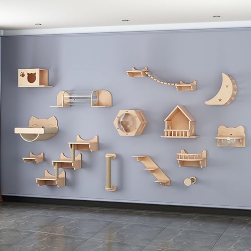Wandmontiertes Katzenregale und Sitzstangen-Set mit Brücke, Stufen, Leiter und Kratzbaum für Indoor-Katzen, platzsparende Klettermöbel für Katzenübungen und Spielen von Generisch