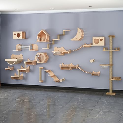 Wandmontiertes Katzenregale und Sitzstangen-Set mit Brücke, Stufen, Leiter und Kratzbaum für Indoor-Katzen, platzsparende Klettermöbel für Katzenübungen und Spielen von Generisch