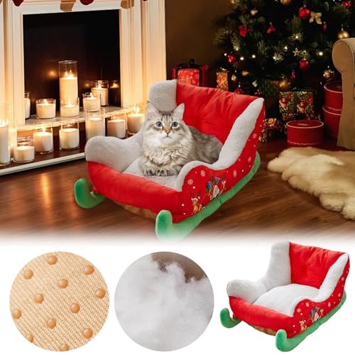 Waschbarer Sommer Weihnachtsbett für Katzen und Hunde, Schlittenbett, Sofa für drinnen und draußen, Synthetisches Haustierbett mit Weihnachtsmotiv, waschbar Pethouses Im Freien (Red, 63X45X33cm) von Generisch