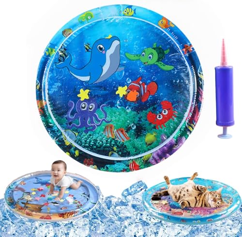 Wassermatte Katze,Wassermatte Hund,Wasserbett Für Hunde,Katzen Spiel Und Kühl Wassermatte,Kühlmatte Katze Mit Eine Fahrradpumpe, Sommer Aufblasbare Sensorische Wasserspielmatte (E, 65 * 65cm) von Generisch