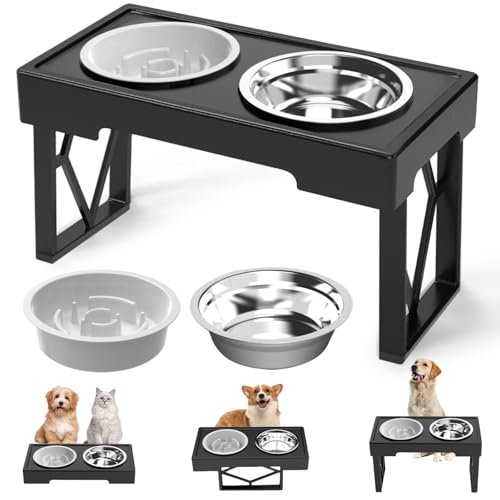 Gentledog 2-in-1 erhöhter Hundenapf, 3-fach höhenverstellbar, erhöhter, rutschfester Ständer mit Edelstahl-Futternäpfen und langsamem Futternapf für kleine, mittelgroße und große Hunde von Gentledog
