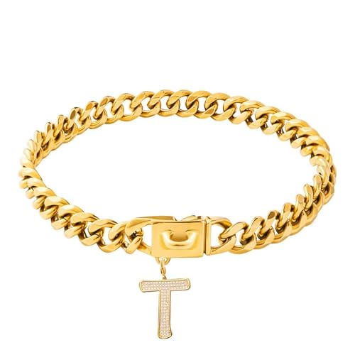 Gepopet Hundehalsband für mittelgroße und große Hunde, goldfarbene Kette, Hundehalsband mit glitzerndem Buchstabenanhänger, 18 K, kubanisches Glieder-Hundehalsband, strapazierfähig, kaufest, Buchstabe von Gepopet