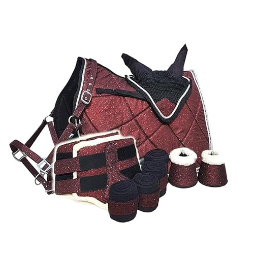 German Riding Perfect Match Schabracke Set Hufglocken Halfter Fliegenhaube Bandagen Gamaschen Glitzer (Shetty, Bordeaux) von German Riding