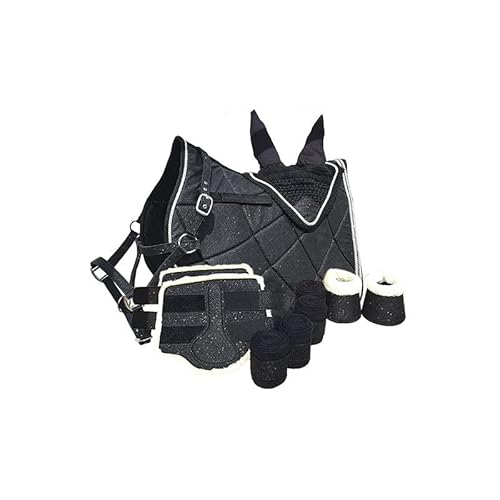 German Riding Perfect Match Schabracke Set Hufglocken Halfter Fliegenhaube Bandagen Gamaschen Glitzer (Shetty, Schwarz) von German Riding