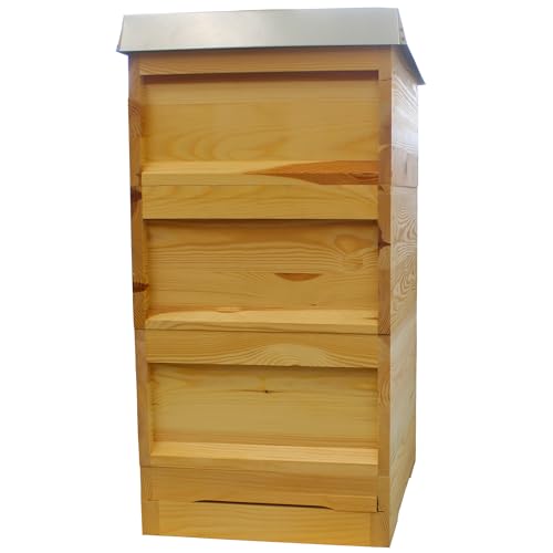 Zanderbeute nach Dr. Liebig bestehend aus Boden mit Mäusekeil und Bodenschieber aus Kunststoff, 3 x Zander Zarge mit Edelstahl Schienen, 1 x Holzdeckel mit Blechdeckel von Germerott Bienentechnik