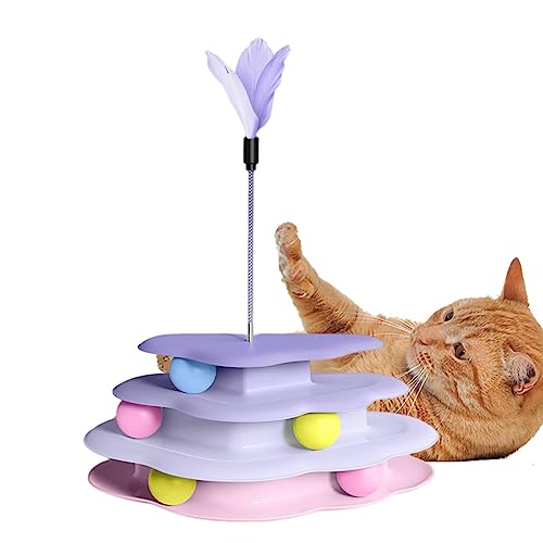 Geruwam Interaktives Katzenspielzeug | Vierschichtiges wolkenförmiges Katzen-Kugelbahnspielzeug,Katzen-Drehteller mit Feder-Katzen-Teaser, mehrstufiges Haustier-Kätzchen-Spielzeug zum Jagen von Geruwam