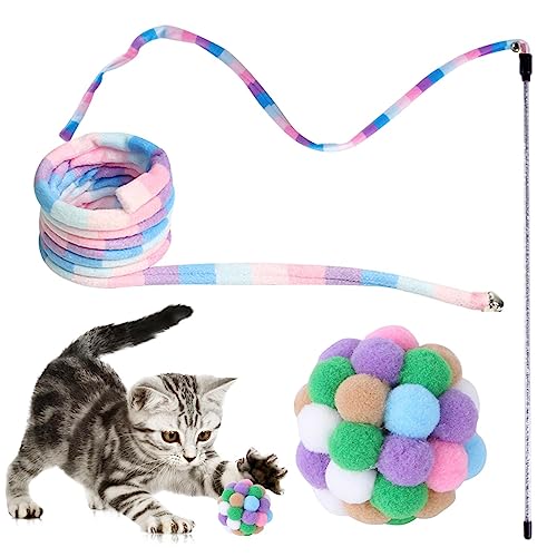 Geruwam Regenbogenband Katzenspielzeug,Stick Cat Teaser Zauberstab mit Regenbogenband Charmer | Interaktives Schnurspielzeug mit Ball, sicher und farbenfroh für Katzen und Kätzchen im Innenbereich von Geruwam