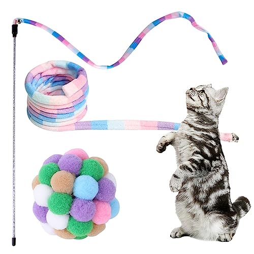 Geruwam Regenbogenstab Katzenspielzeug,Schnurspielzeug Regenbogenband Charmer Stick Katze Teaser Zauberstab - Stick-Katzenspielzeug mit Ball, sicherer Spaß, bunt, zum Spielen und Trainieren von Geruwam
