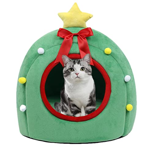 Weihnachtskatzenzelt,Geschlossene Katzenhütte mit abnehmbarem, waschbarem, gepolstertem Kissen | Dekoratives freistehendes Katzenhöhlenbett für kleine Hunde und Katzen, weihnachtliche Geruwam von Geruwam