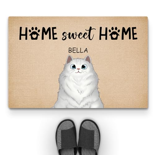 Geschenke Mall Personalisierte Fussmatte - Home Sweet Home - Fussmatte Mit Namen, Fussmatte Selbst Gestalten, Fußmatte für Katzenbeliebhaber, Fussmatte Katzen Personalisiert (1 Katze) von Geschenke Mall