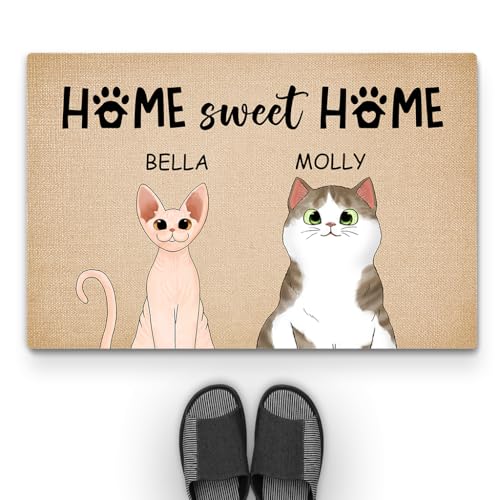 Geschenke Mall Personalisierte Fussmatte - Home Sweet Home - Fussmatte Mit Namen, Fussmatte Selbst Gestalten, Fußmatte für Katzenbeliebhaber, Fussmatte Katzen Personalisiert (2 Katzen) von Geschenke Mall