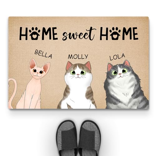 Geschenke Mall Personalisierte Fussmatte - Home Sweet Home - Fussmatte Mit Namen, Fussmatte Selbst Gestalten, Fußmatte für Katzenbeliebhaber, Fussmatte Katzen Personalisiert (3 Katzen) von Geschenke Mall