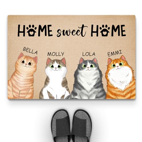 Geschenke Mall Personalisierte Fussmatte - Home Sweet Home - Fussmatte Mit Namen, Fussmatte Selbst Gestalten, Fußmatte für Katzenbeliebhaber, Fussmatte Katzen Personalisiert (4 Katzen) von Geschenke Mall