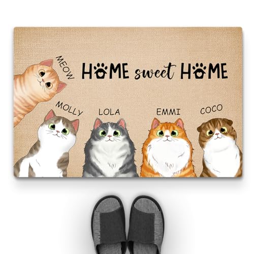 Geschenke Mall Personalisierte Fussmatte - Home Sweet Home - Fussmatte Mit Namen, Fussmatte Selbst Gestalten, Fußmatte für Katzenbeliebhaber, Fussmatte Katzen Personalisiert (5 Katzen) von Geschenke Mall