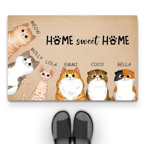 Geschenke Mall Personalisierte Fussmatte - Home Sweet Home - Fussmatte Mit Namen, Fussmatte Selbst Gestalten, Fußmatte für Katzenbeliebhaber, Fussmatte Katzen Personalisiert (6 Katzen) von Geschenke Mall