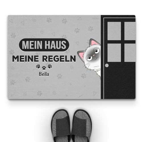 Geschenke Mall Personalisierte Fussmatte - Unser Haus Unsere Regeln - Türmatte Katze, Fußmatte für Katzenliebhaber, Fussmatte Selbst Gestalten, Katzen Personalisiert (#1, Modell #1) von Geschenke Mall