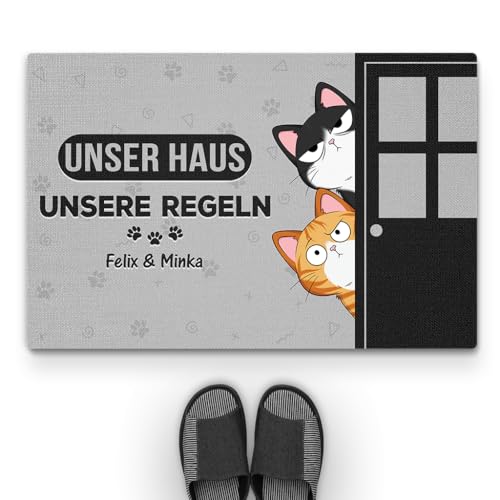 Geschenke Mall Personalisierte Fussmatte - Unser Haus Unsere Regeln - Türmatte Katze, Fußmatte für Katzenliebhaber, Fussmatte Selbst Gestalten, Katzen Personalisiert (#2, Modell #1) von Geschenke Mall