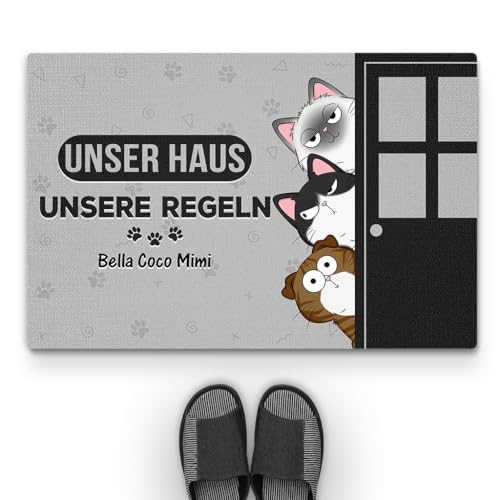 Geschenke Mall Personalisierte Fussmatte - Unser Haus Unsere Regeln - Türmatte Katze, Fußmatte für Katzenliebhaber, Fussmatte Selbst Gestalten, Katzen Personalisiert (#3, Modell #1) von Geschenke Mall