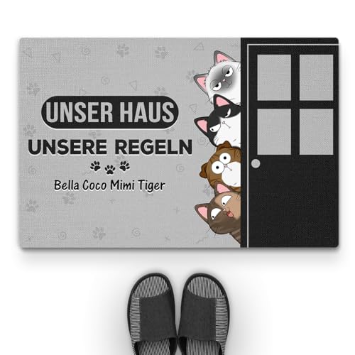 Geschenke Mall Personalisierte Fussmatte - Unser Haus Unsere Regeln - Türmatte Katze, Fußmatte für Katzenliebhaber, Fussmatte Selbst Gestalten, Katzen Personalisiert (#4, Modell #1) von Geschenke Mall